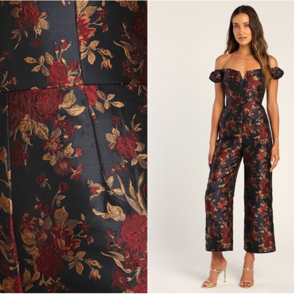 LULU's Sexy Chic Elegant Wedding Floral Sophisitcated Off the Shoulder Jumpsuit - Picture 3 of 6